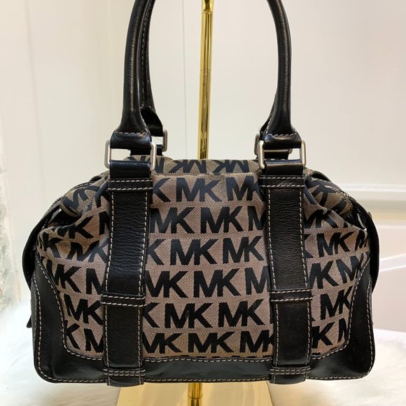 SOLD! MICHAEL KORS Black & White Signature Canvas Buckle-Trimmed Satchel - Picture 5 of 13
